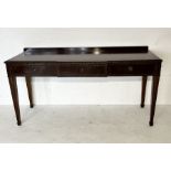 An Edwardian break fronted "silver table" with three baise lined drawers, includes a quantity of