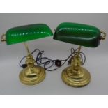 A pair of banker's lamps with green shades - one lamp A/F