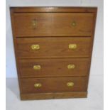 A pine chest of four drawers with campaign handles. 68cm x35cm, Height 88cm