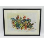 A framed watercolour of chickens with an indistinct signature, 48cm x 66cm.