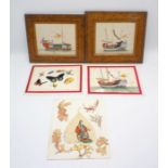 Three Chinese rice paper paintings of junks (two framed) along with two others depicting insects and