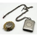 A hallmarked silver Albert attached to a silver plated vesta along with a gilt mourning brooch (A/