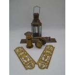 A pair of door plates with pierced classical decoration, brass door handle, brass model post box,