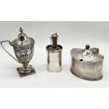 A hallmarked silver mustard pot (no liner) along with one other and an Eau de Cologne bottle in