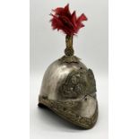 A 19th Century helmet, possibly Life Guards, with battle honours for Waterloo Peninsula, some losses