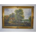 An oil on canvas of a rustic riverside cottage in gilt frame. Signed Andrew G Furbis ? Overall