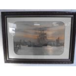 A framed print by Rodney Charman of a Man o' War at harbour