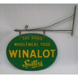 A vintage double-sided Spillers Winalot/Shapes dog food enamelled sign with wall bracket