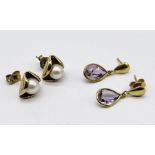 A pair of 9ct gold and amethyst earrings along with another pair set with pearls