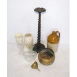 A floor-standing ash tray with barley twist support along with a cider flagon, brass bowl, glass