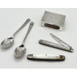 A small collection of silver items including matchbox holder, silver bladed fruit knife, spoons