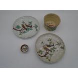 A pair of Oriental plates depicting birds (one with hairline crack), along with Oriental bowl etc