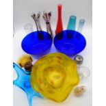 A collection of various art glass vases and bowls
