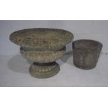 A reconstituted stone garden urn plus a similar pot. Diameter 48cm