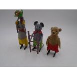 Three vintage Schuco clockwork tinplate toys in the form of mice, one with a ladder and another