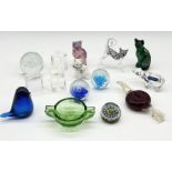 A collection of various art glass including a number of paperweights, Fenton cats etc.