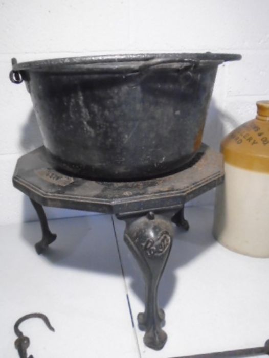 A cast iron cooking pot on trivet stand along with a stoneware jar from Mitchell Toms & Co Ltd, - Image 4 of 10