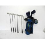 A set of golf clubs including right handed Kunnan Tribute club irons 3-9 along with three Trident