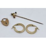 A pair of 9ct gold earrings and 9ct padlock along with a gold coloured stickpin, total weight 4.4g