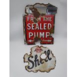 A vintage "Shell From The Sealed Pump" double-sided flanged enamelled sign - A/F