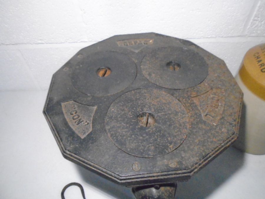 A cast iron cooking pot on trivet stand along with a stoneware jar from Mitchell Toms & Co Ltd, - Image 6 of 10