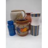 A collection of five various jugs and vases including Denby Ware, West German, Hornsea, terracotta