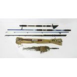 A quantity of fishing rods including a Silstar MX 3536-285 rod, Silstar Pavero Pier Beach 300 rod