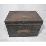 A weathered vintage metal tool box with a selection of large tools.