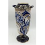 A Doulton Burslem twin handled vase with gilt decoration and blue daffodil pattern - height 21.5cm