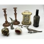 A collection of various items including pair of copper candlesticks, carriage clock, antique