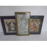 Two Balinese prints along with an Oriental print of ladies in traditional setting