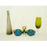 A pair of Victorian blue and amber glass vases (one A/F) along with a musical hock glass etc.