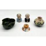 A collection of studio pottery including Farnham bowl with formed owl decoration (A/F), Katherine