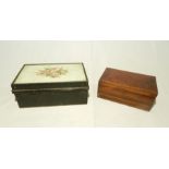 A vintage metal cash tin along with an inlaid wooden box.