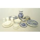 A quantity of blue and white ceramics including a Chinese dish etc