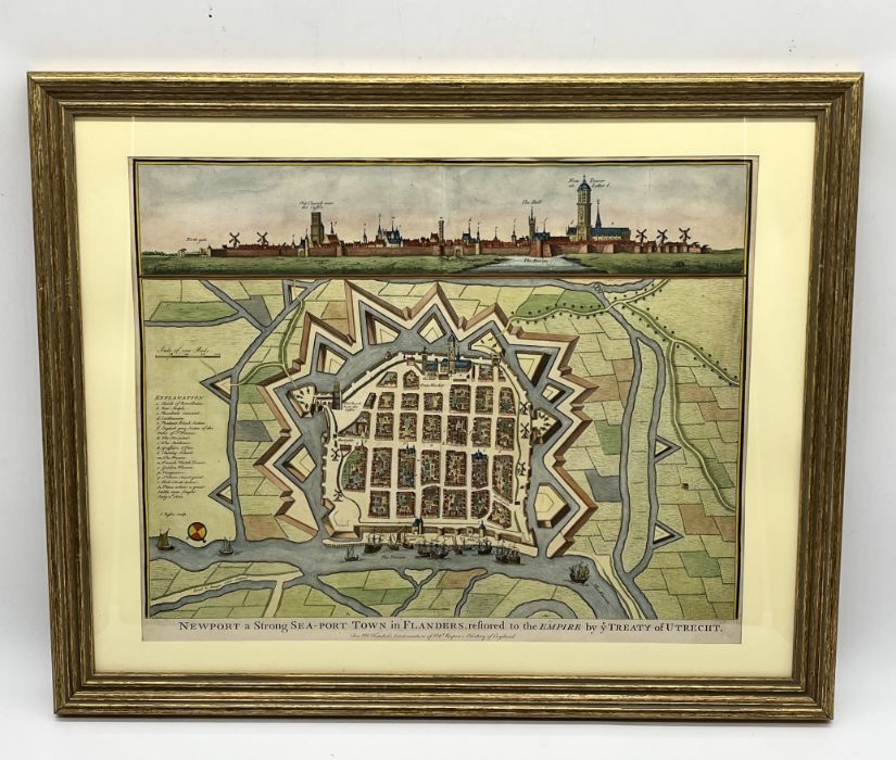 A hand coloured map of Newport in Flanders, Utrecht by Tindal after Rapin - overall size in frame 50