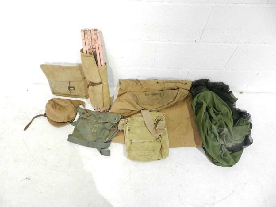 A collection of WW2 era military canvas bags, bed, hat etc. Some with broad arrow mark. - Image 2 of 5