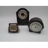 Three vintage Bakelite Art Deco clocks including Bulle, Ferranti and Bayard