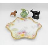 An Edwardian shaped ceramic tray, a Sylvac figure of a boxer, a cow creamer etc.