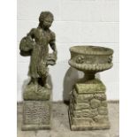 A weathered garden statue and urn both on mismatched plinths
