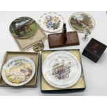 A collection of various collectors plates, small wooden shelf, trinket box etc.