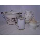An enamelled lidded clothes boiler and jug, along with a wash bowl and jug etc