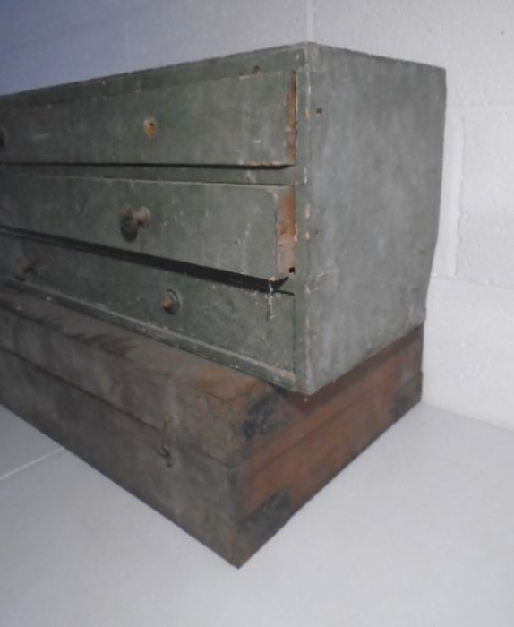A vintage set of industrial wooden drawers and a small wooden trunk/chest - Image 32 of 34