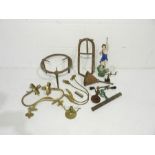 A cast iron trivet along with a bridle rack, gas lamp fittings etc.