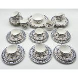 A Royal Doulton part tea set with rose pattern and blue edging including twelve trios