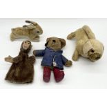 A collection of vintage toys including a mohair rabbit (Likely Steiff but with missing button),