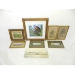 A quantity of framed pictures including two architectural prints with indistinct signatures, two