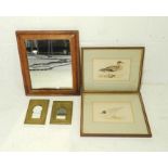 Two small Eastern brass framed mirrors along with a wall mirror and two framed prints of birds