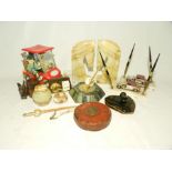 A miscellaneous collection of items including a Rabone Chesterman leather measure, a serpentine