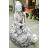 A large 20th Century carved marble figure group depicting Kuan Yin riding a Dragon turtle- repaired.